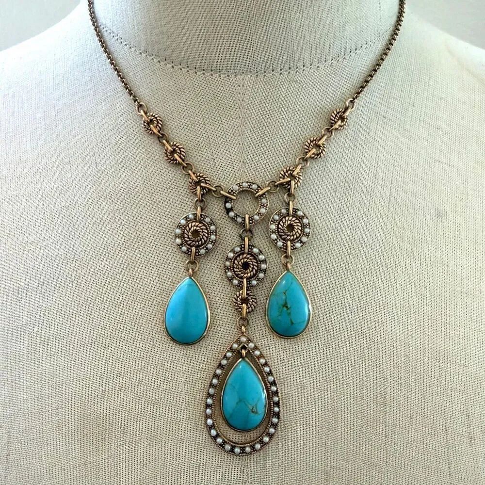 MonetโFaux Turquoise Statement Drop Necklace Vintage Gold Tone